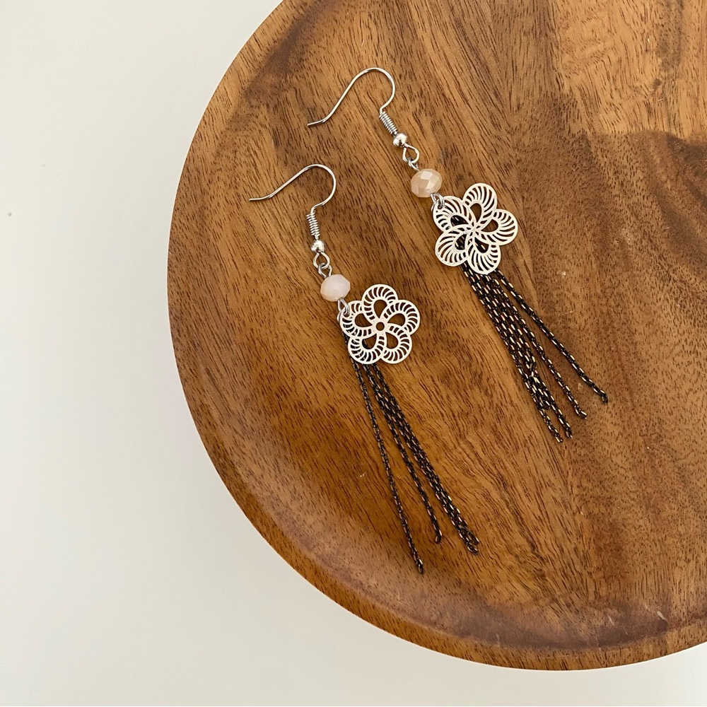 4/$15 Black Chain Tassels Silver Flower Fish Hook Earrings